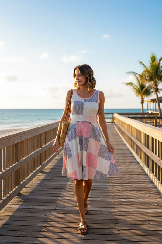 LuLaRoe Nicki • A-Line • Sleeveless • Fit and Flare Dress • White Gray Pink Check