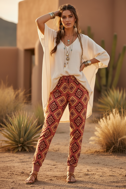 LuLaRoe Jax Joggers • Side Pockets  • Cuffed Ankles • Elastic and Drawstring Waist • Pink Maroon Aztec