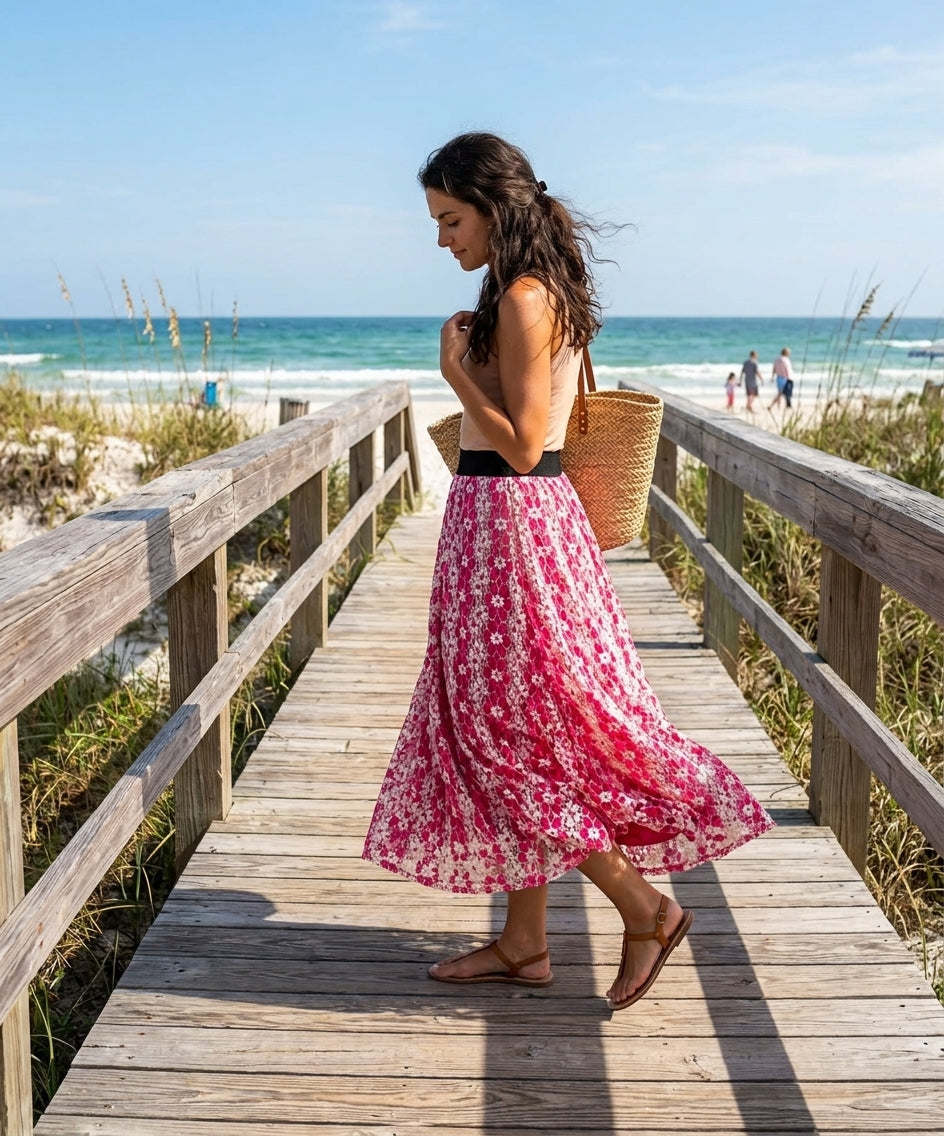 LuLaRoe Lucy Maxi Skirt • White Floral Lace Overlay Over Solid Pink Inner Layer