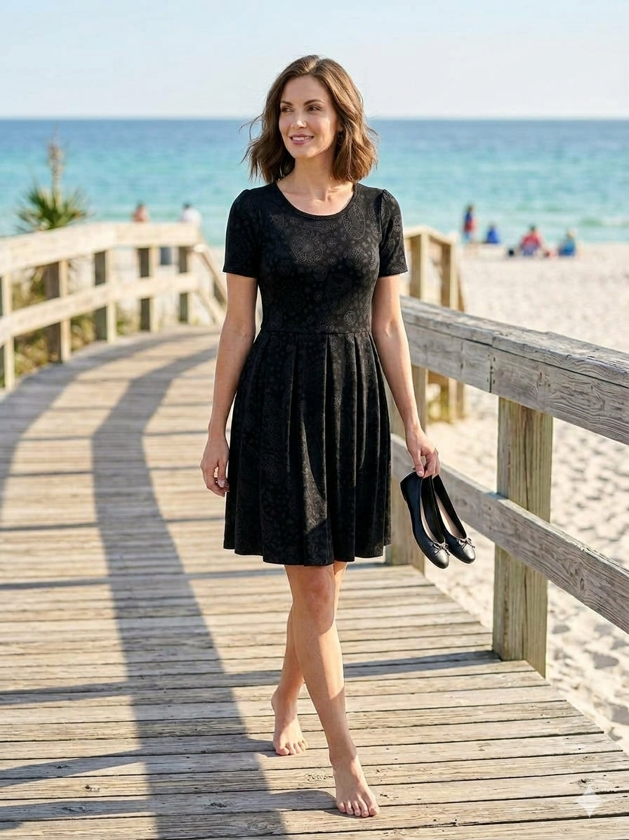LuLaRoe • Amelia Fit-and-Flare Dress • Rare Print • Black Embossed Floral