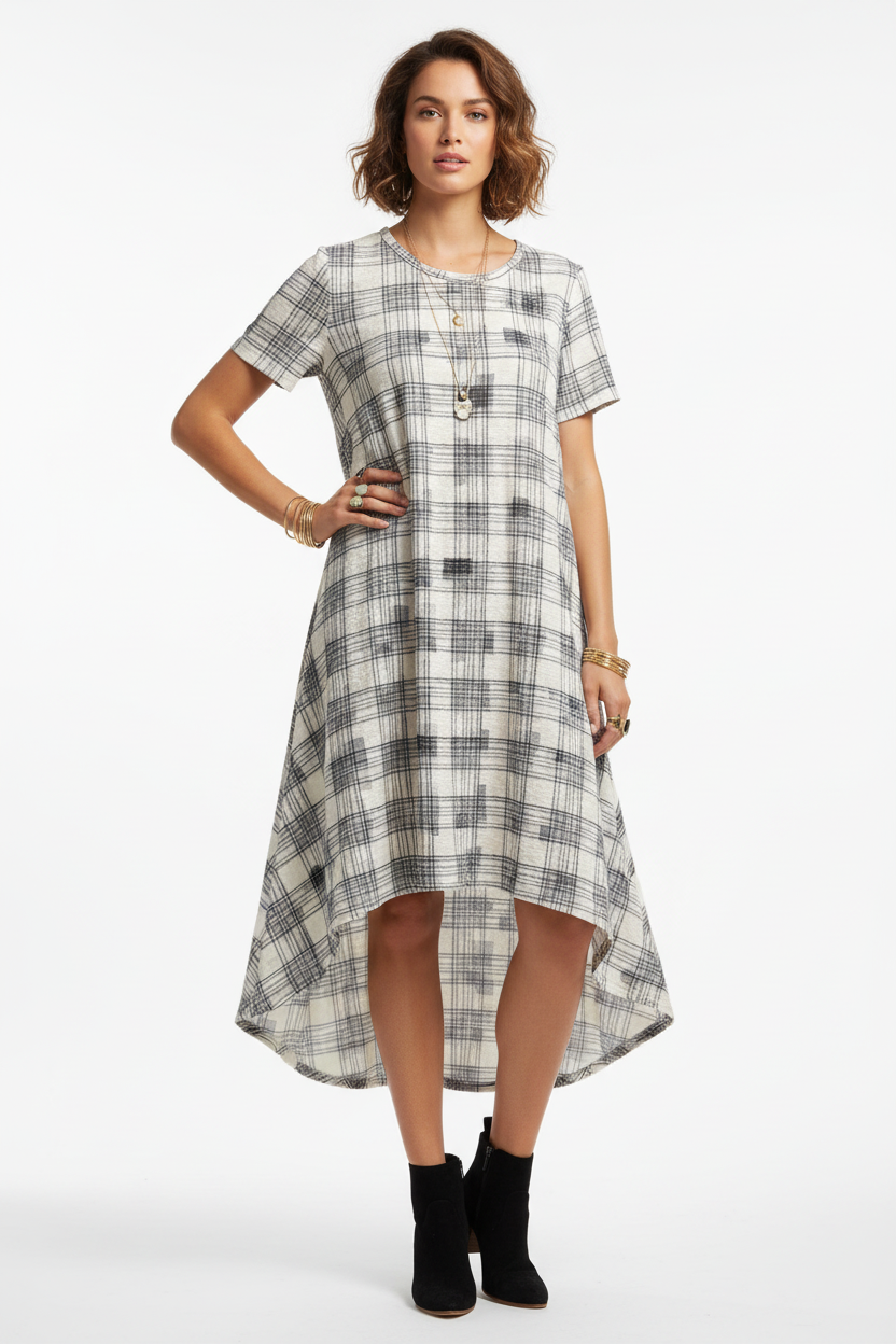LuLaRoe Carly • High Low Hemline Swing Dress • Black and White Geometric Print
