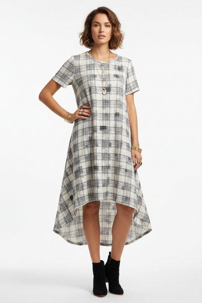 LuLaRoe Carly • High Low Hemline Swing Dress • Black and White Geometric Print