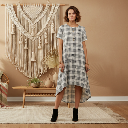 LuLaRoe Carly • High Low Hemline Swing Dress • Black and White Geometric Print