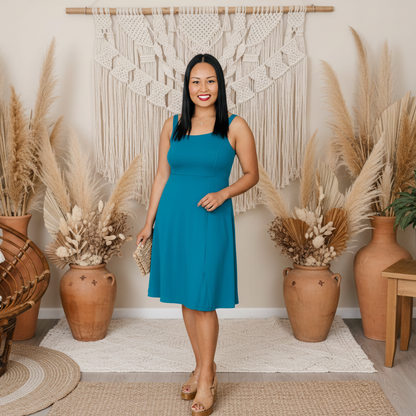 LuLaRoe Navy Cross Back Dress with Side Seam Pockets • Solid Deep Lake Teal