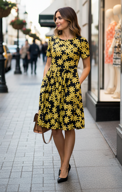 LuLaRoe • Amelia Fit-and-Flare Dress • Rare Black and Yellow Daisy Print