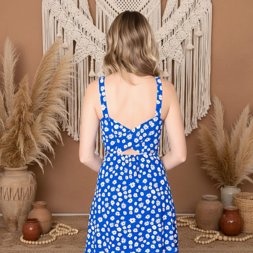 LuLaRoe Navy Cross Back Dress with Side Seam Pockets • Blue White Small Daisies