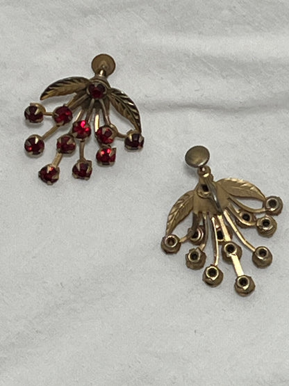 Vintage • Gold Tone Leaf • Garnet Rhinestone • Screw Back Earrings