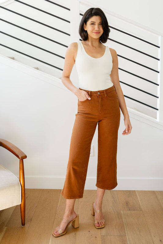Judy Blue • Briar • High Rise Control Top Wide Leg Crop Jeans in Camel