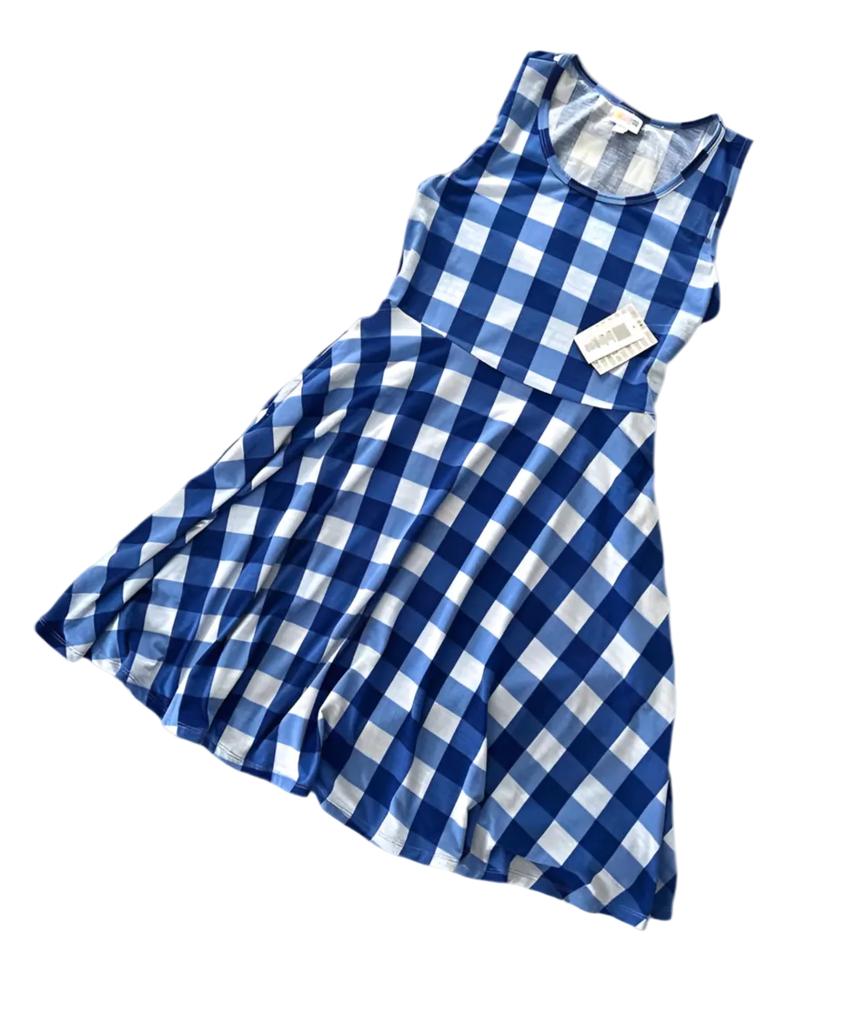 LuLaRoe Nicki • A-Line • Sleeveless • Fit and Flare Dress • Blue and White Check
