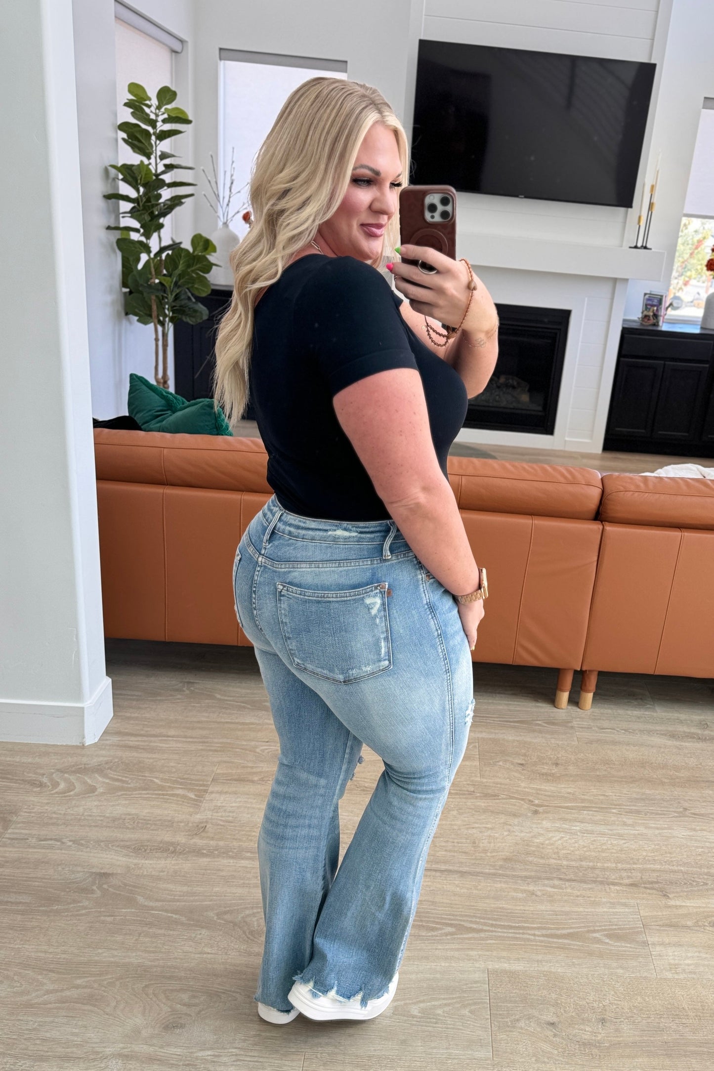 Judy Blue • Caroline • Mid Rise Control Top Distressed Flare Jeans