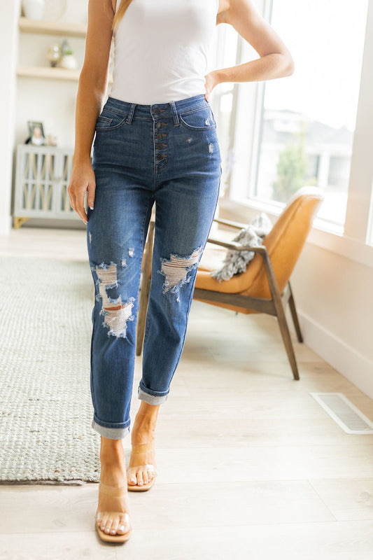 Judy Blue • Colt • High Rise Button Fly Distressed Boyfriend Jeans