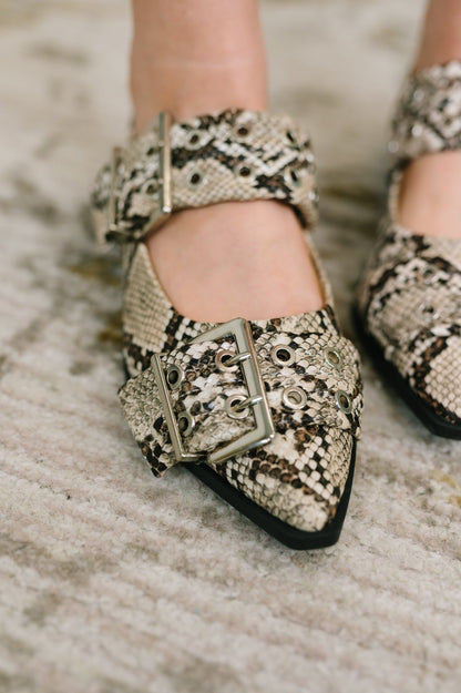 Soda • Crazy Train Buckle Pointy Toe Flats in Snakeskin