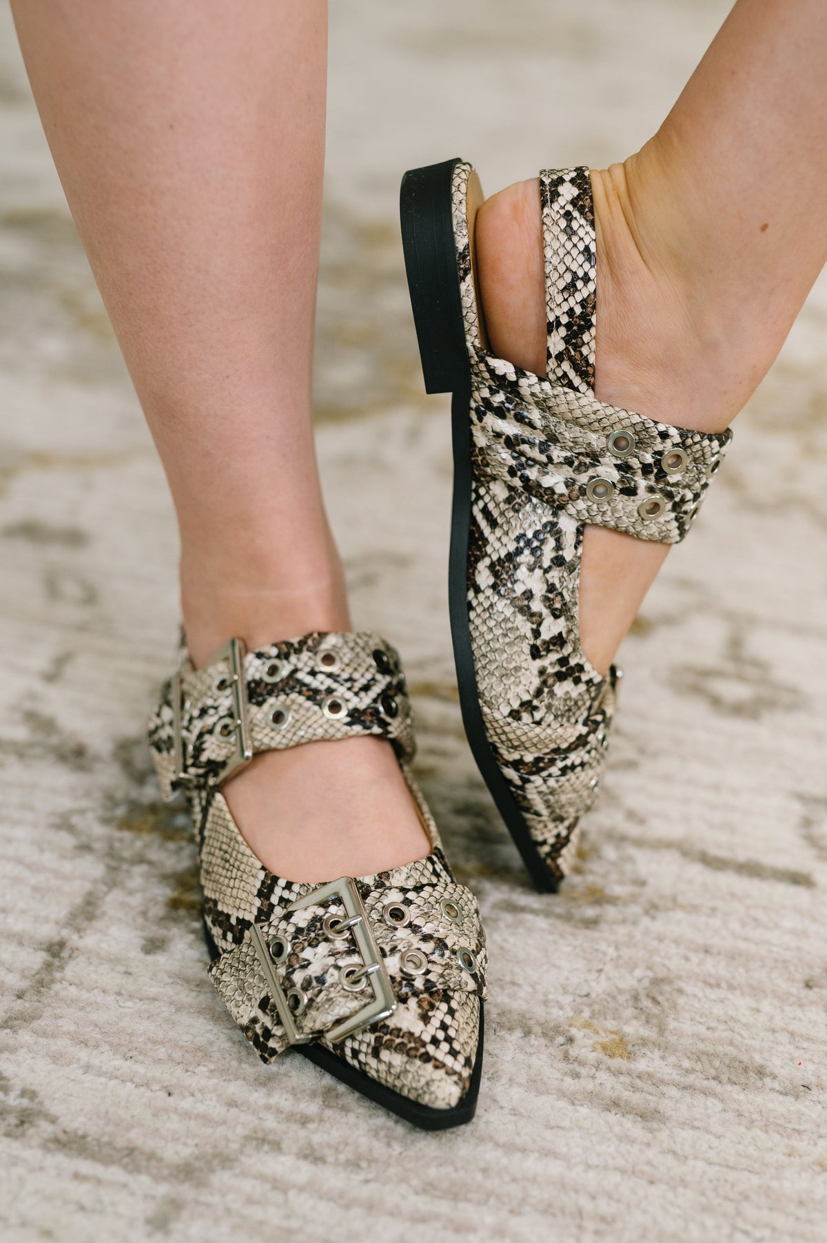 Soda • Crazy Train Buckle Pointy Toe Flats in Snakeskin