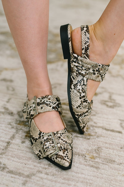 Soda • Crazy Train Buckle Pointy Toe Flats in Snakeskin