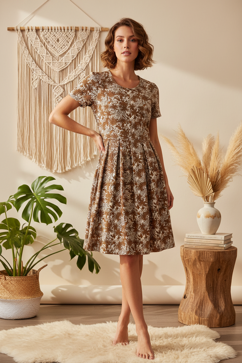LuLaRoe • Amelia Fit-and-Flare Dress • Rare Print • Vintage • Jacquard Fabric • Golden Brown and Cream Floral