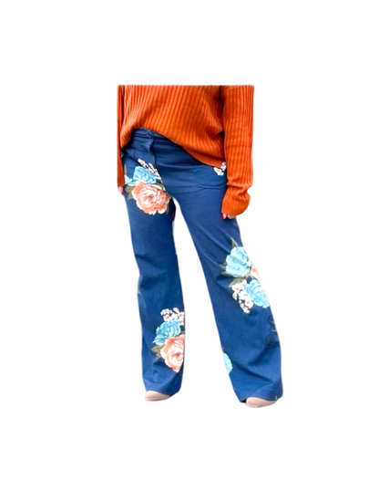 LuLaRoe Emery Wide Leg Pants • Blue Orange Large Floral • Rayon Ponte