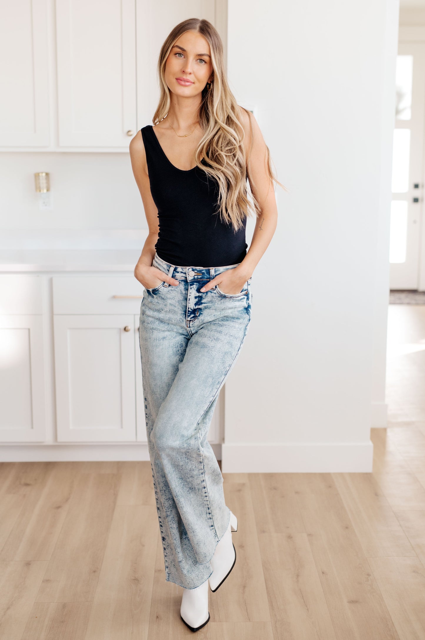 Judy Blue • Dory High Waist Mineral Wash Raw Hem Wide Leg Jeans