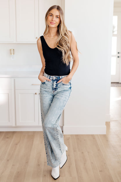 Judy Blue • Dory High Waist Mineral Wash Raw Hem Wide Leg Jeans