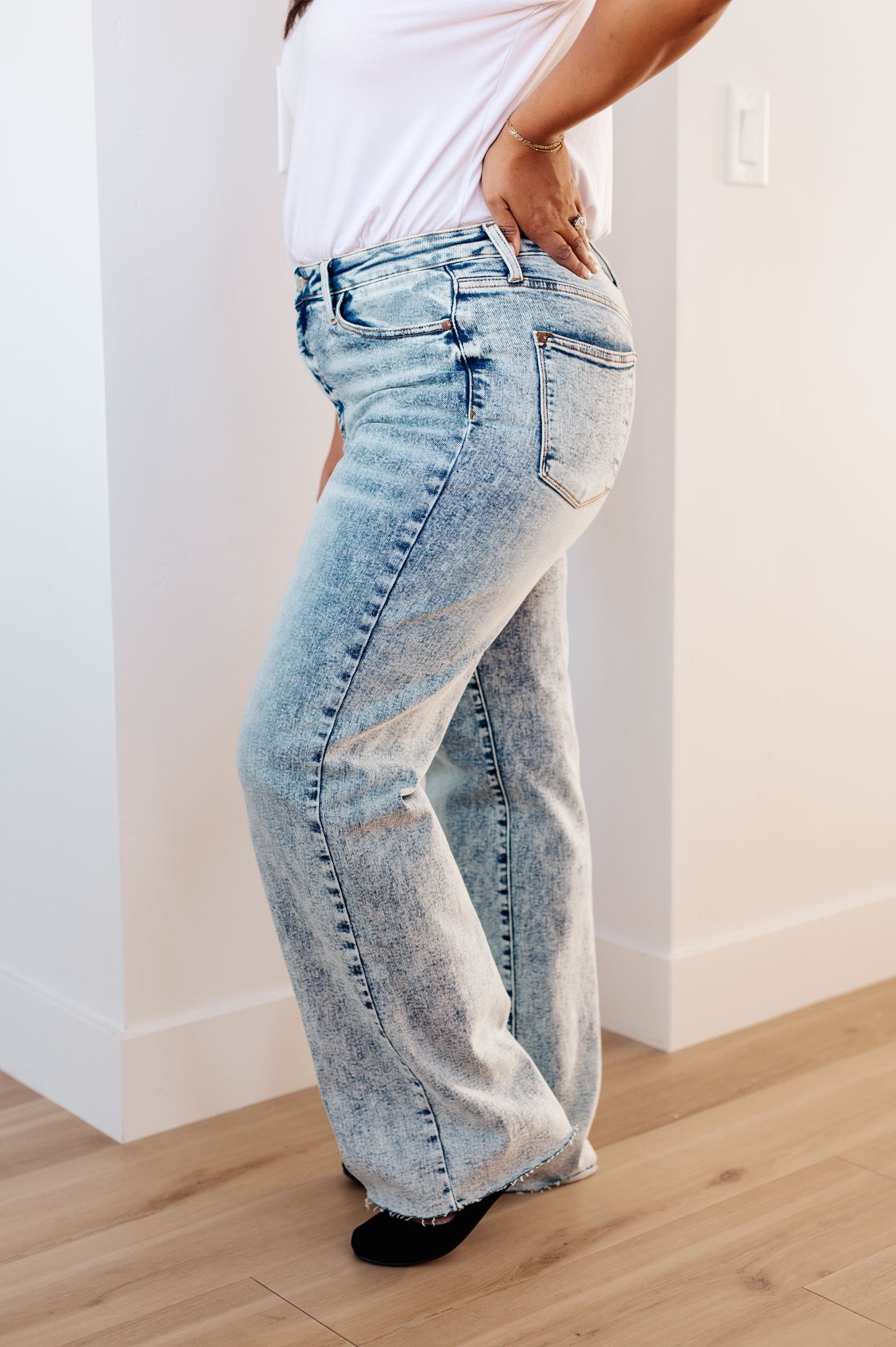Judy Blue • Dory High Waist Mineral Wash Raw Hem Wide Leg Jeans