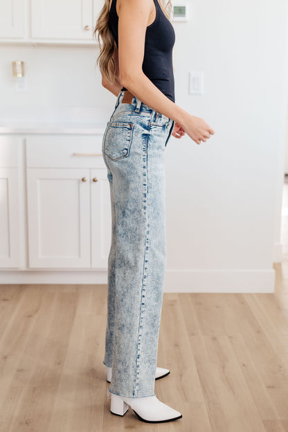 Judy Blue • Dory High Waist Mineral Wash Raw Hem Wide Leg Jeans