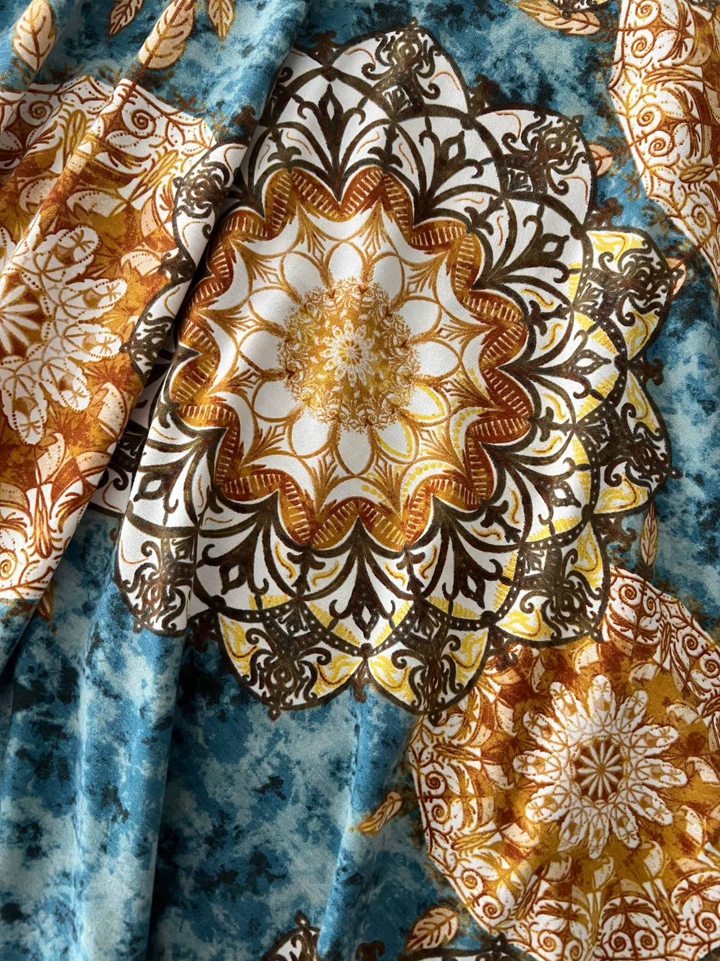 NWOT • Nicki • A-Line • Sleeveless • Fit and Flare Dress • Blue and Gold  Mandala Print