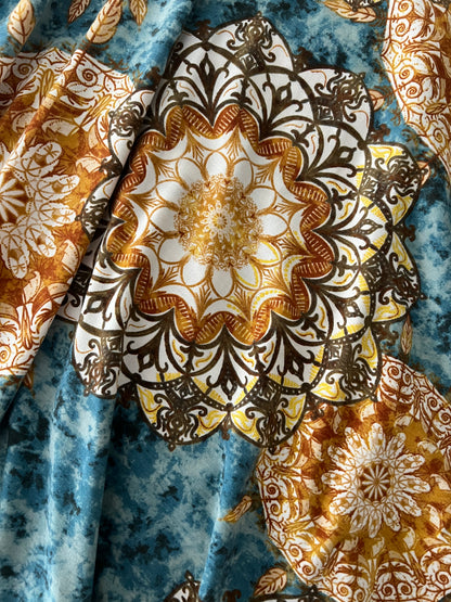 NWOT • Nicki • A-Line • Sleeveless • Fit and Flare Dress • Blue and Gold  Mandala Print