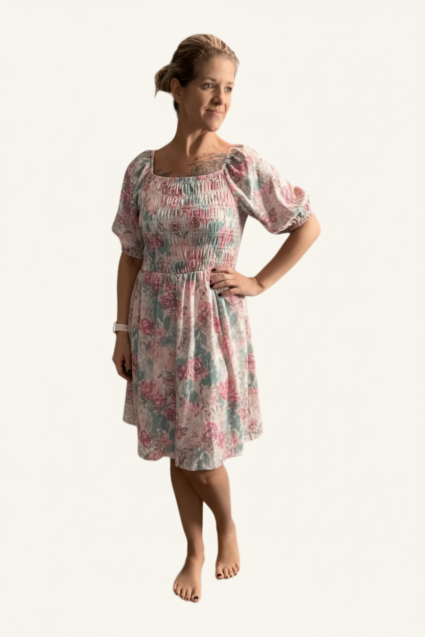 LuLaRoe Alina Babydoll Nap Dress • Smocked Bodice • Bubble Sleeves