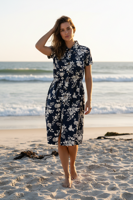 Stacie Shirt Dress - Blue White Grey Floral