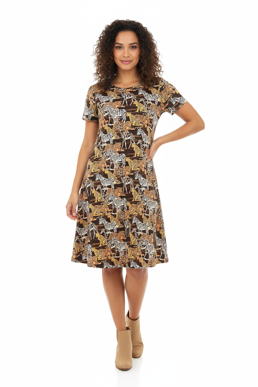 LuLaRoe Jessie Swing Dress • Rare Vintage Animal Mosaic Print • Side Seam Pockets
