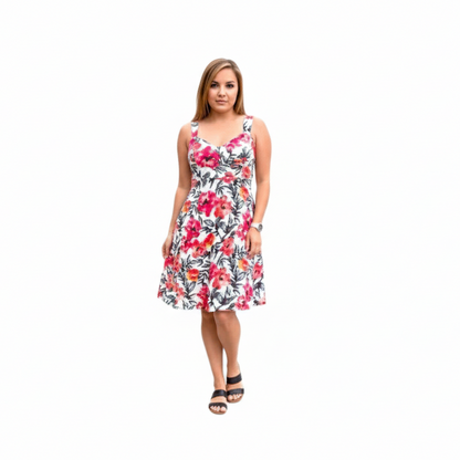 LuLaRoe Navy Cross Back Dress with Side Seam Pockets • Cream Pink Watercolor Floral
