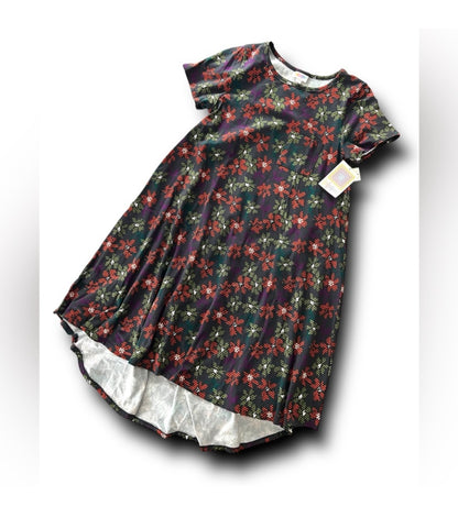 LuLaRoe Carly • High Low Hemline Swing Dress • Flowers • Christmas Colors