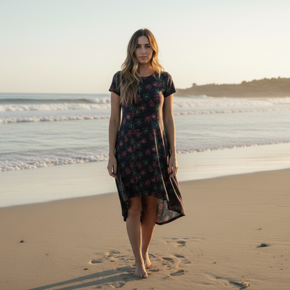 LuLaRoe Carly • High Low Hemline Swing Dress • Flowers • Christmas Colors