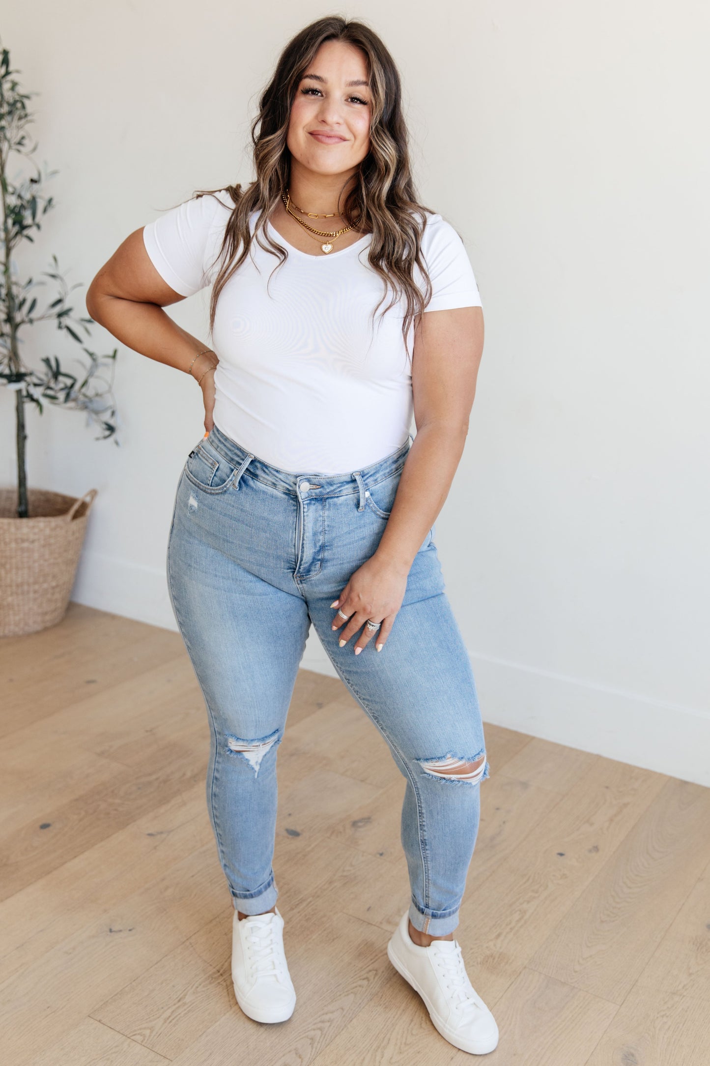 Judy Blue • Eloise • Mid Rise Control Top Distressed Skinny Jeans