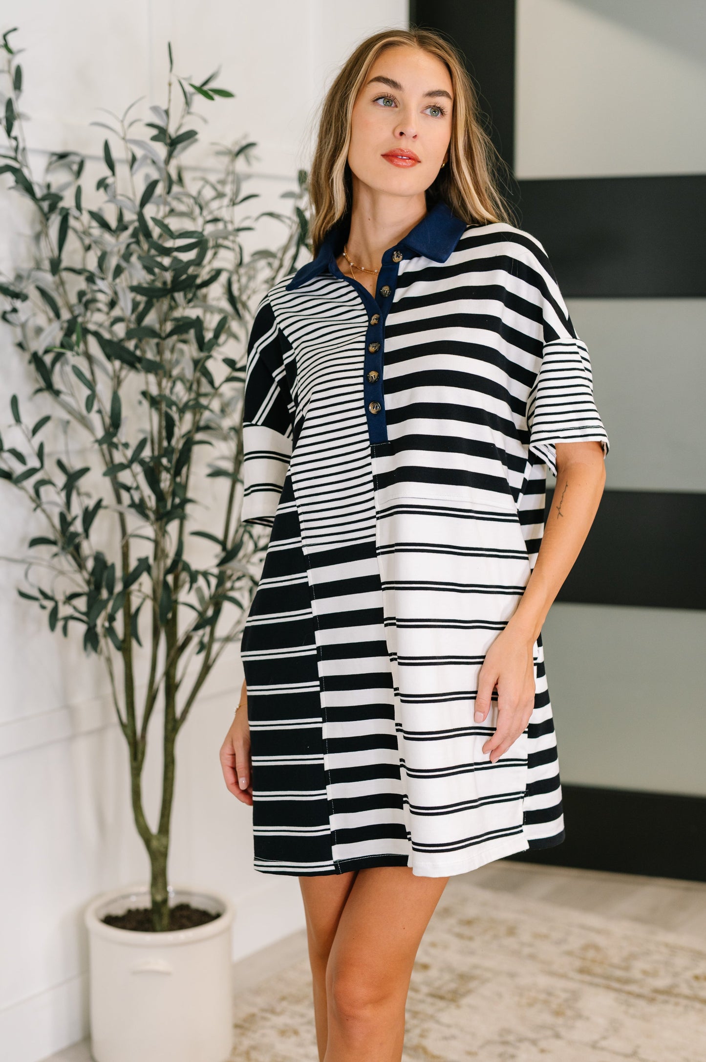 Everlasting Love • Striped Collared Dress in Black and Navy
