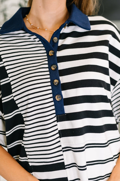 Everlasting Love • Striped Collared Dress in Black and Navy