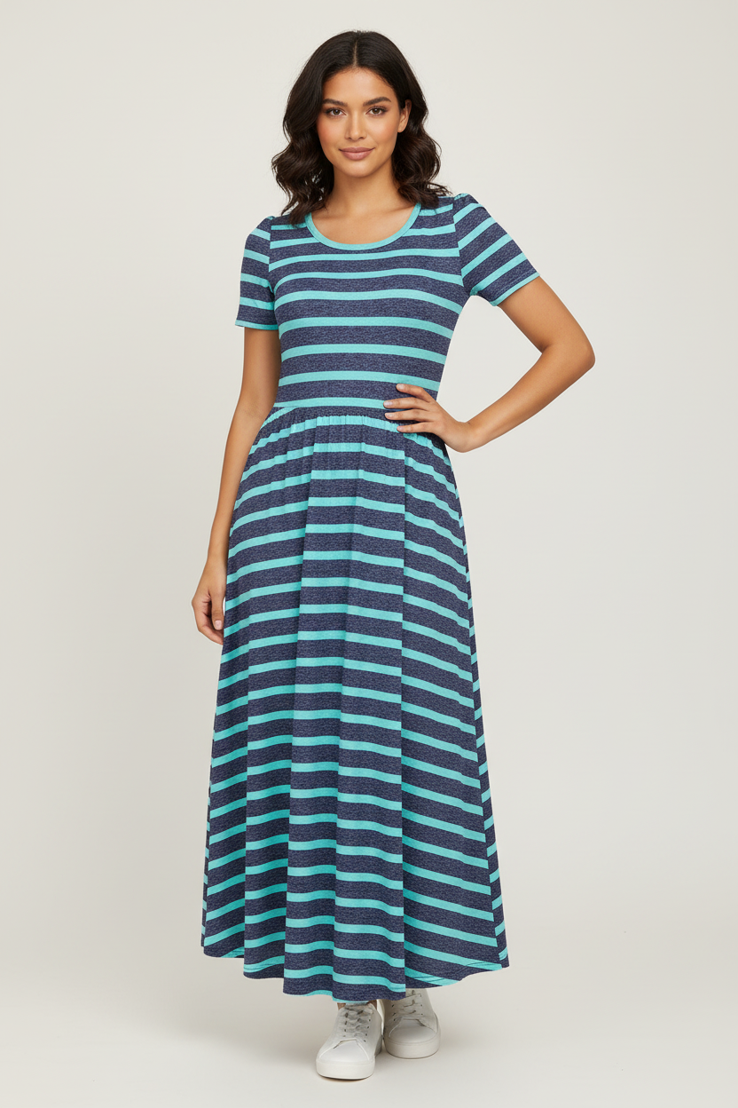 LuLaRoe Riley • Empire Waist Midi Dress • Purple Teal Stripe