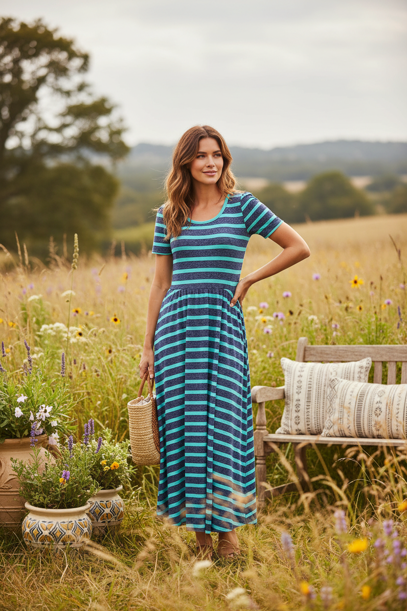 LuLaRoe Riley • Empire Waist Midi Dress • Purple Teal Stripe
