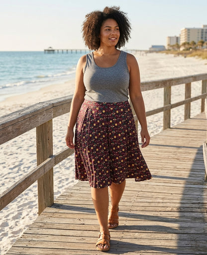 LuLaRoe Madison Skirt • Box Pleats • Side Seam Pockets • Purple Green Gold