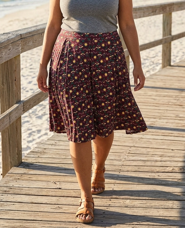 LuLaRoe Madison Skirt • Box Pleats • Side Seam Pockets • Purple Green Gold