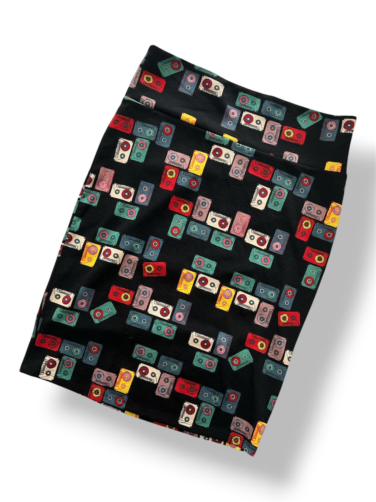 LuLaRoe Cassie Pencil Skirt • Vintage • Rare Cassette Tape Print on Black Background