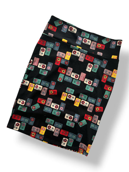 LuLaRoe Cassie Pencil Skirt • Vintage • Rare Cassette Tape Print on Black Background