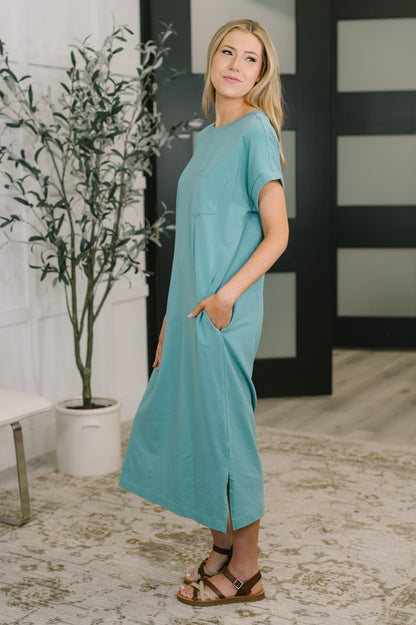 Zenana • Fix You Right Up Short Sleeve Midi Dress in Dusty Teal