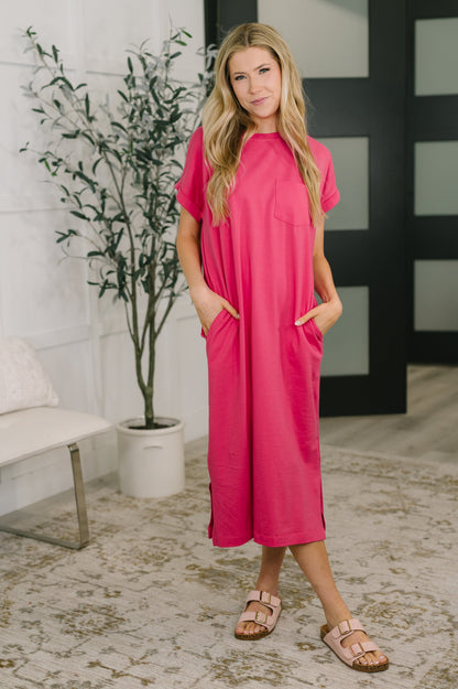 Zenana • Fix You Right Up Short Sleeve Midi Dress in Hot Pink