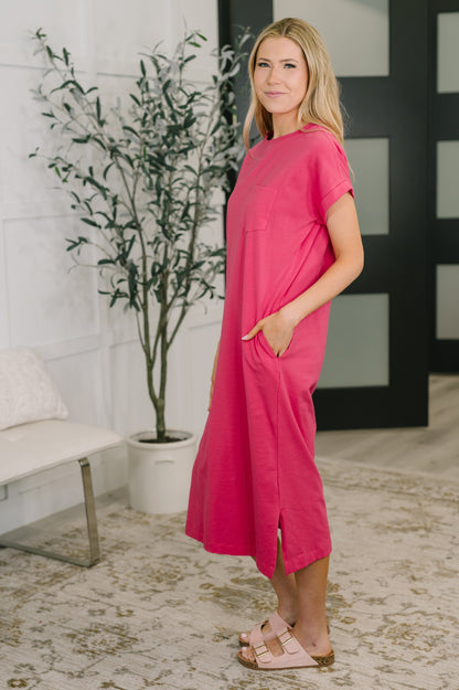 Zenana • Fix You Right Up Short Sleeve Midi Dress in Hot Pink