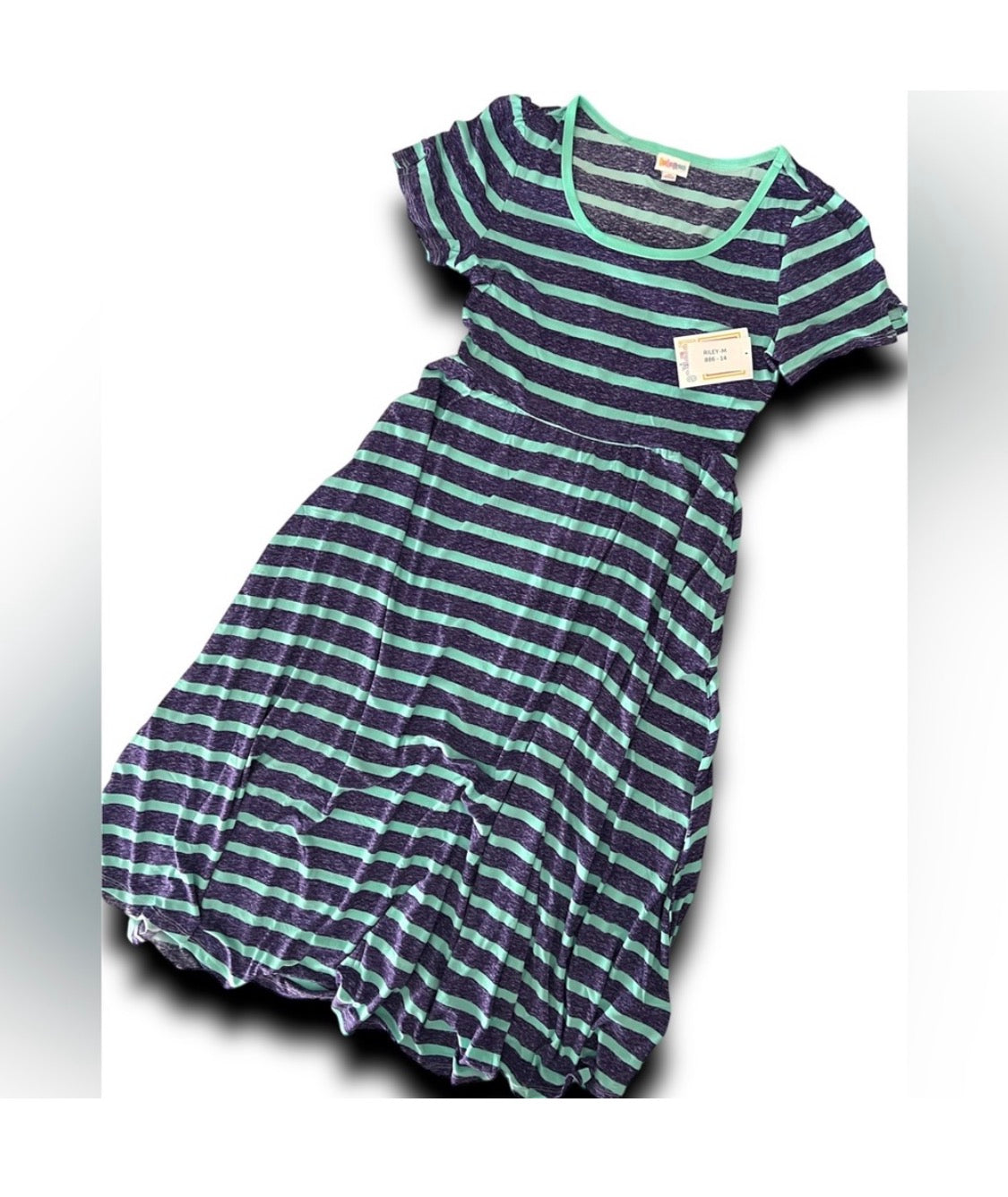 LuLaRoe Riley • Empire Waist Midi Dress • Purple Teal Stripe