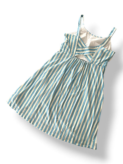 LuLaRoe Navy Cross Back Dress with Side Seam Pockets • Blue Cream Vertical Stripe