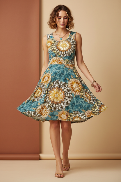 NWOT • Nicki • A-Line • Sleeveless • Fit and Flare Dress • Blue and Gold  Mandala Print