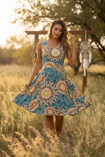 NWOT • Nicki • A-Line • Sleeveless • Fit and Flare Dress • Blue and Gold  Mandala Print