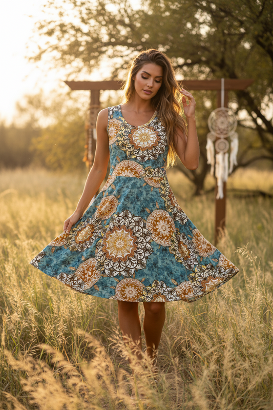 NWOT • Nicki • A-Line • Sleeveless • Fit and Flare Dress • Blue and Gold  Mandala Print