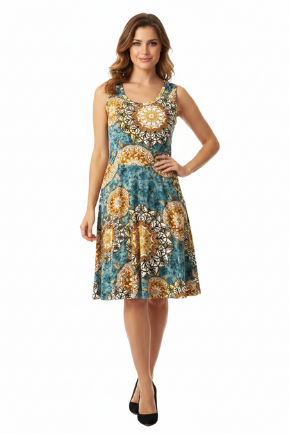 NWOT • Nicki • A-Line • Sleeveless • Fit and Flare Dress • Blue and Gold  Mandala Print
